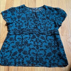 Apt. 9 Teal and Black Floral Pintuck Blouse